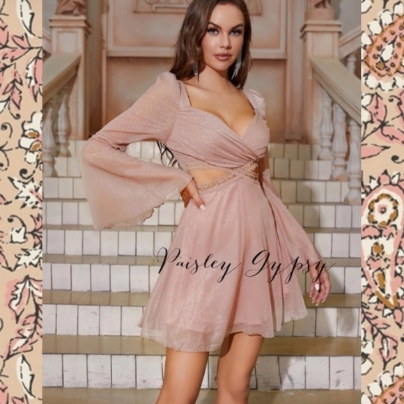 Sheer Mini Formal Dress With Bell Sleeves and Sexy Cut Outs at Waist - Picture 1 of 10